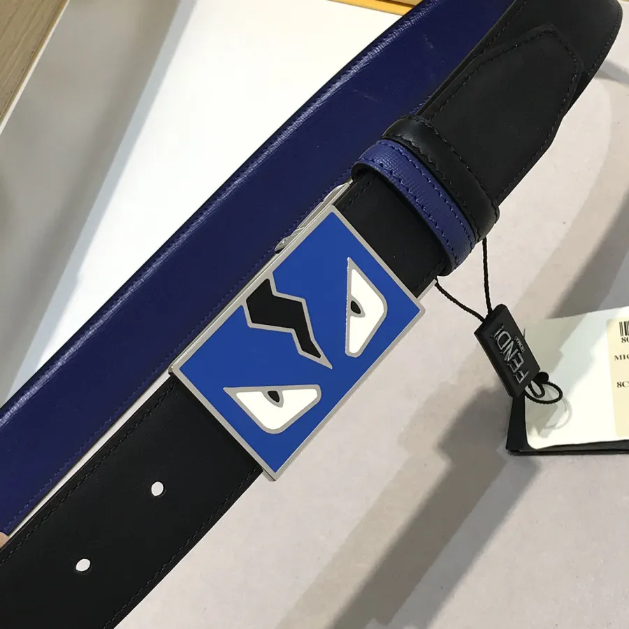 Fendi Men's FF Monster Eyes Reversible Belt In Red/Blue/Black Calfskin With Silver Hardware 35mm