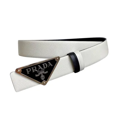 Prada Men' s Triangled Buckle Belt In Black/Brown/White/Blue Saffiano Calfskin With Gold/Silver Hardware 35mm