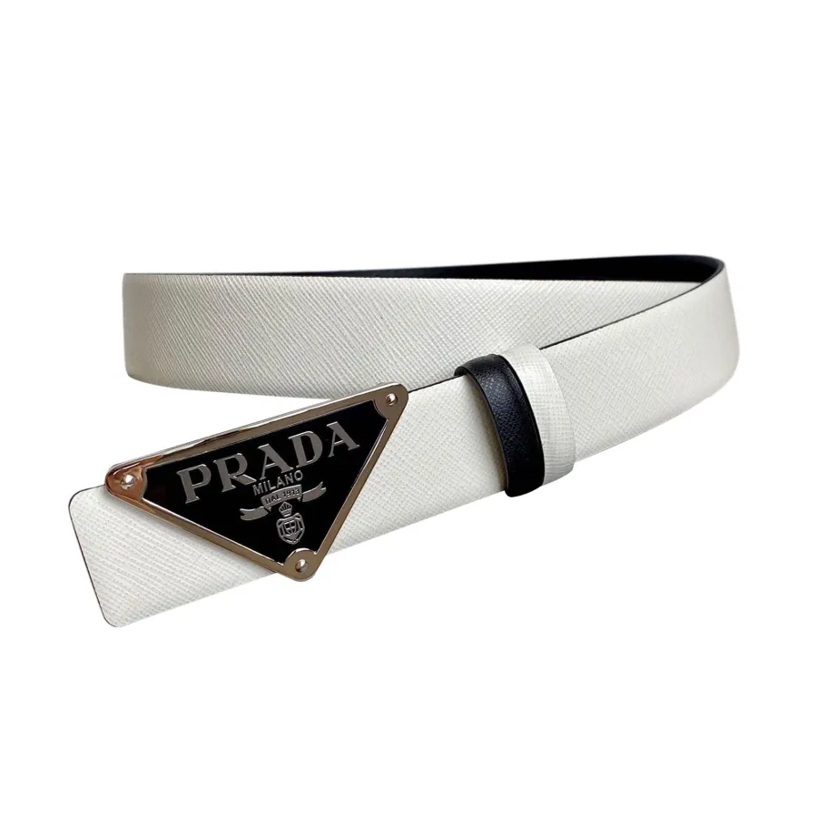 Prada Men' s Triangled Buckle Belt In Black/Brown/White/Blue Saffiano Calfskin With Gold/Silver Hardware 35mm