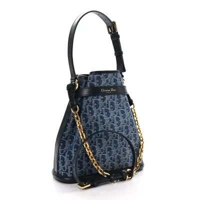 Dior Medium C’est Chain Bucket Bag Blue Oblique Canvas Gold Hardware