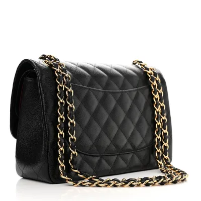 Chanel Double Flap Jumbo Black Quilted Caviar Leather Gold Hardware