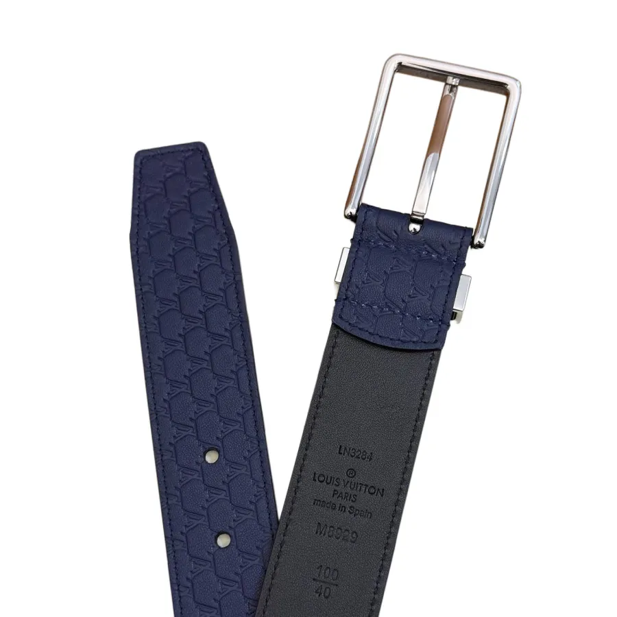 Louis Vuitton Men's Pont Neuf Belt In Blue/Black Logo-Embossed Calfskin With Silver Hardware 35mm