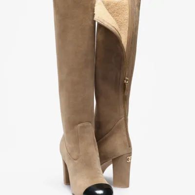Chanel Long boots  Light beige and black  suede, calfskin, sheepskin