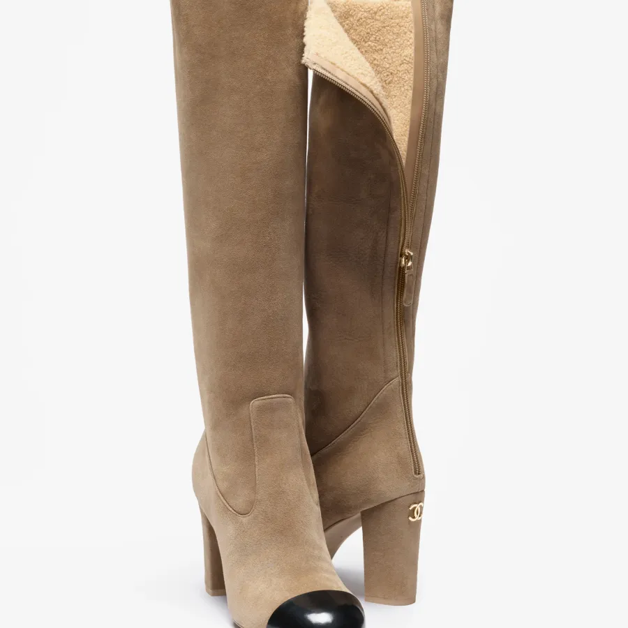 Chanel Long boots  Light beige and black  suede, calfskin, sheepskin