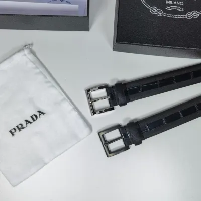 Prada Men' s Square Buckle Belt In Black Embossed Crocodile Calfskin With Silver/Black Hardware 35mm