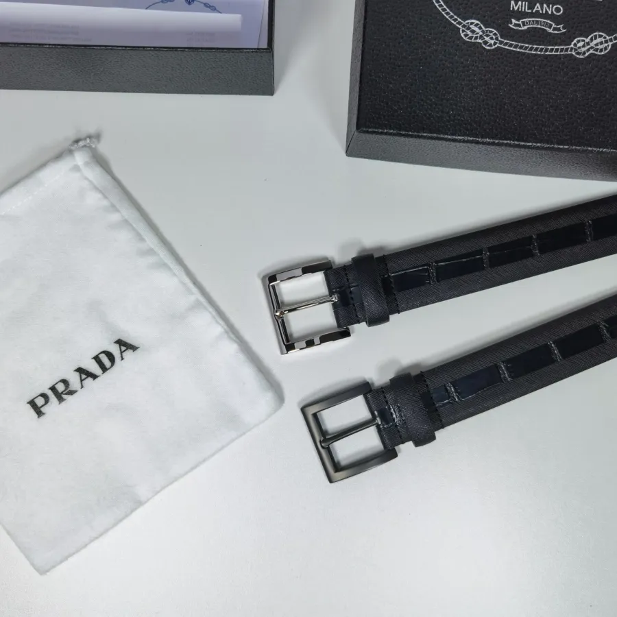 Prada Men' s Square Buckle Belt In Black Embossed Crocodile Calfskin With Silver/Black Hardware 35mm