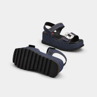 Roger Vivier Slidy Viv' Wedge Sandals In Blue Denim With Crystal Buckle (Heel Height 6.5cm)