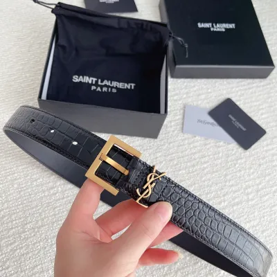 Saint Laurent Cassandre Belt In Black Crocodile-Embossed Calfskin With Gold/Silver/Black Hardware 30mm