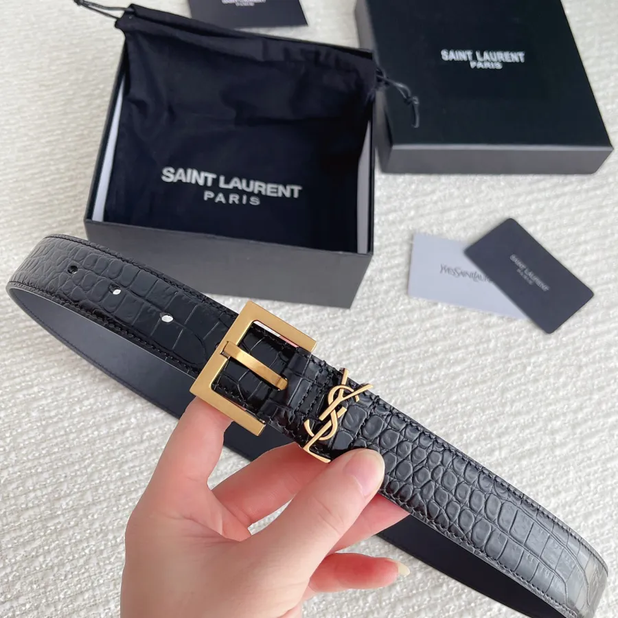 Saint Laurent Cassandre Belt In Black Crocodile-Embossed Calfskin With Gold/Silver/Black Hardware 30mm
