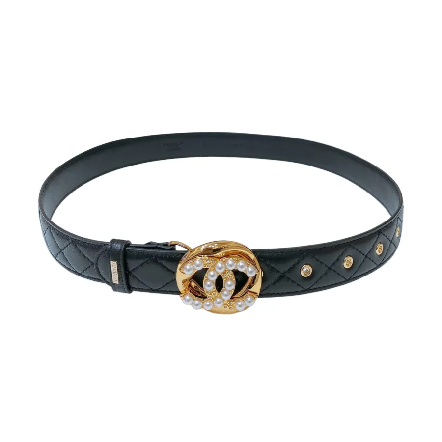 Chanel Women's Pearls CC Belt In Blue/Black/White Lambskin With Gold/Silver Hardware