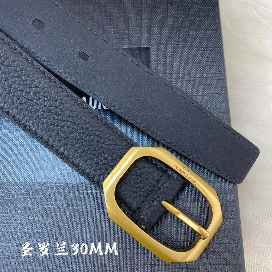 Saint Laurent Frame Buckle Thin Belt In Black Calfskin With Gold Hardware 30mm