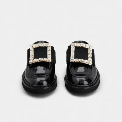 Roger Vivier Viv' Rangers Mules Loafers In Black Patent Leather With Crystal Buckle