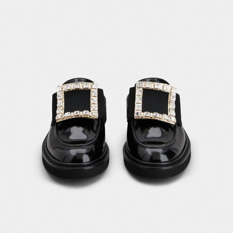 Roger Vivier Viv' Rangers Mules Loafers In Black Patent Leather With Crystal Buckle