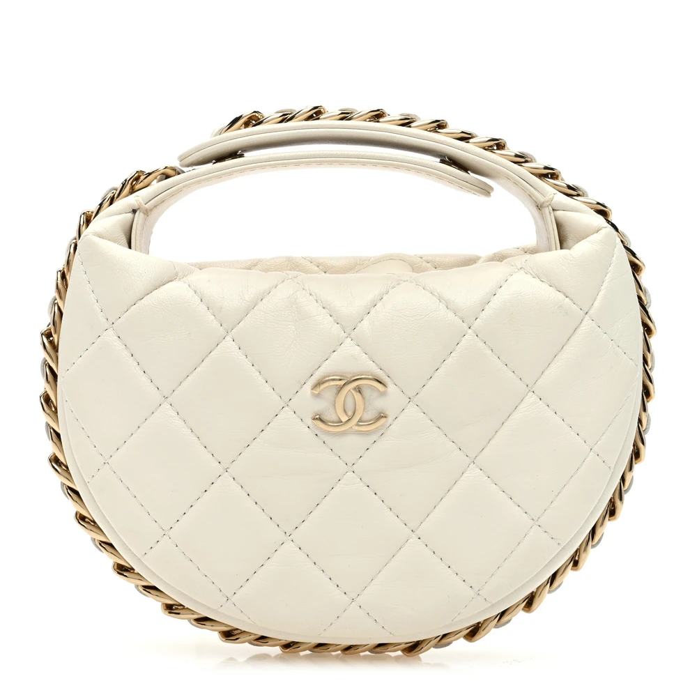 Chanel Chain Around Pouch Pequeno Branco Couro de Cordeiro Acolchoado Hardware Dourado Claro