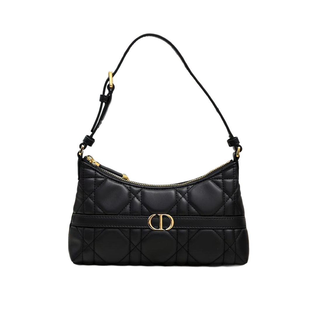 Bolsa Mini Dior Miss Caro Cigale Em Pele de Cordeiro Macrocannage Preta Com Hardware Dourado