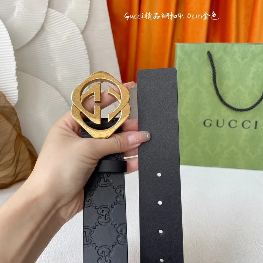 Gucci Men's Square Double G Buckle Belt In Black Monogram Calfskin With Gold/Silver Hardware 40mm