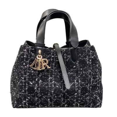 Dior Medium Dior Toujours Bag In Black Tweed with White Cannage Motif With Gold Hardware