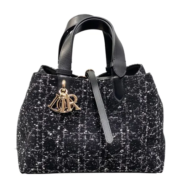 Dior Medium Dior Toujours Bag In Black Tweed with White Cannage Motif With Gold Hardware