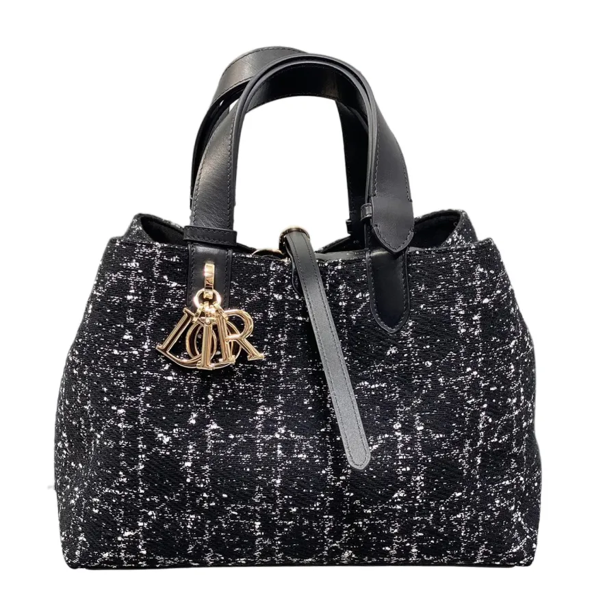Dior Medium Dior Toujours Bag In Black Tweed with White Cannage Motif With Gold Hardware