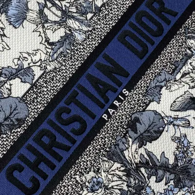 Dior Medium Dior Book Tote In White Embroidery with Denim Blue Dior Chardons Motif