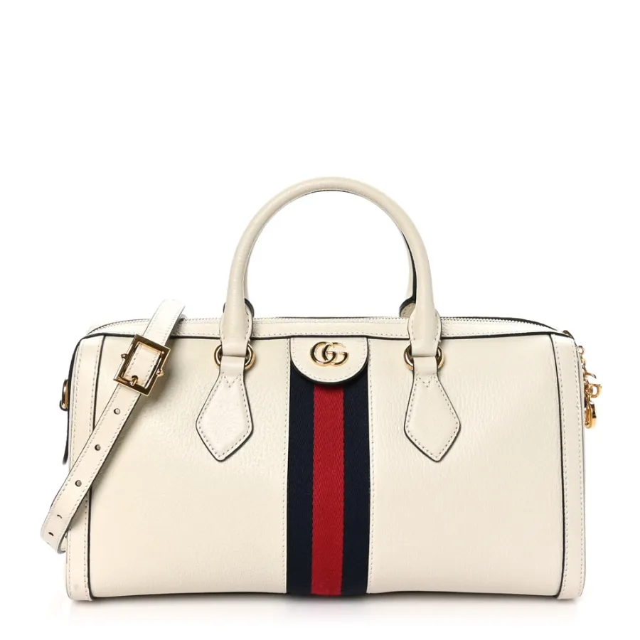 Gucci Medium Ophidia Boston Bag Mystic White Suede & Patent Leather GG Web Gold Hardware