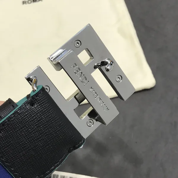 Fendi Men's Square FF Buckle Belt In Black/Blue Calfskin With Silver Hardware 40mm - Image 5