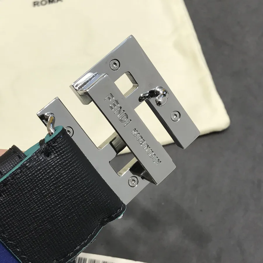 Fendi Men's Square FF Buckle Belt In Black/Blue Calfskin With Silver Hardware 40mm