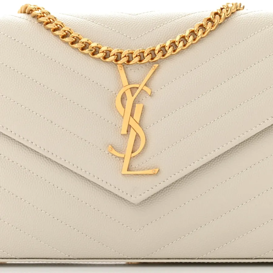 Saint Laurent Small Chain Wallet Crema Soft Chevron Monogram Grain De Poudre Matelasse Leather Gold Hardware