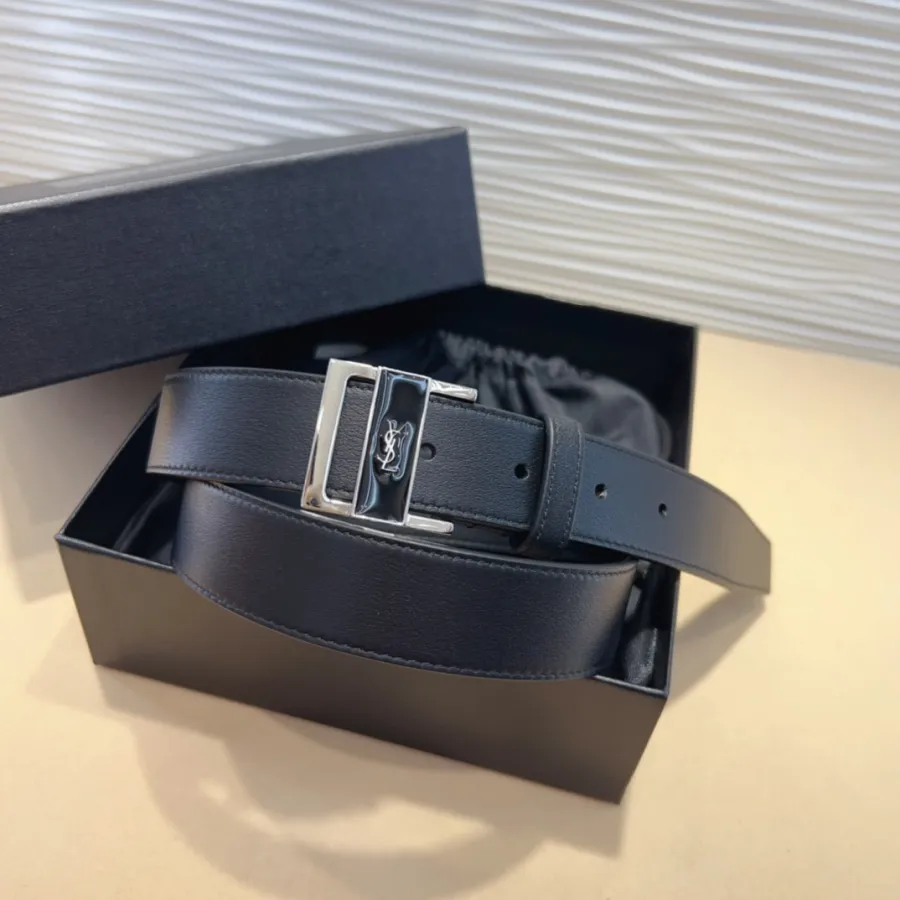 Saint Laurent GIO Belt In Black Box Calfskin With Gold/Silver Hardware 30mm