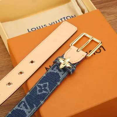 Louis Vuitton Women's Flowergram Ardillon Belt In White/Blue Monogram Canvas With Gold Hardware 30mm
