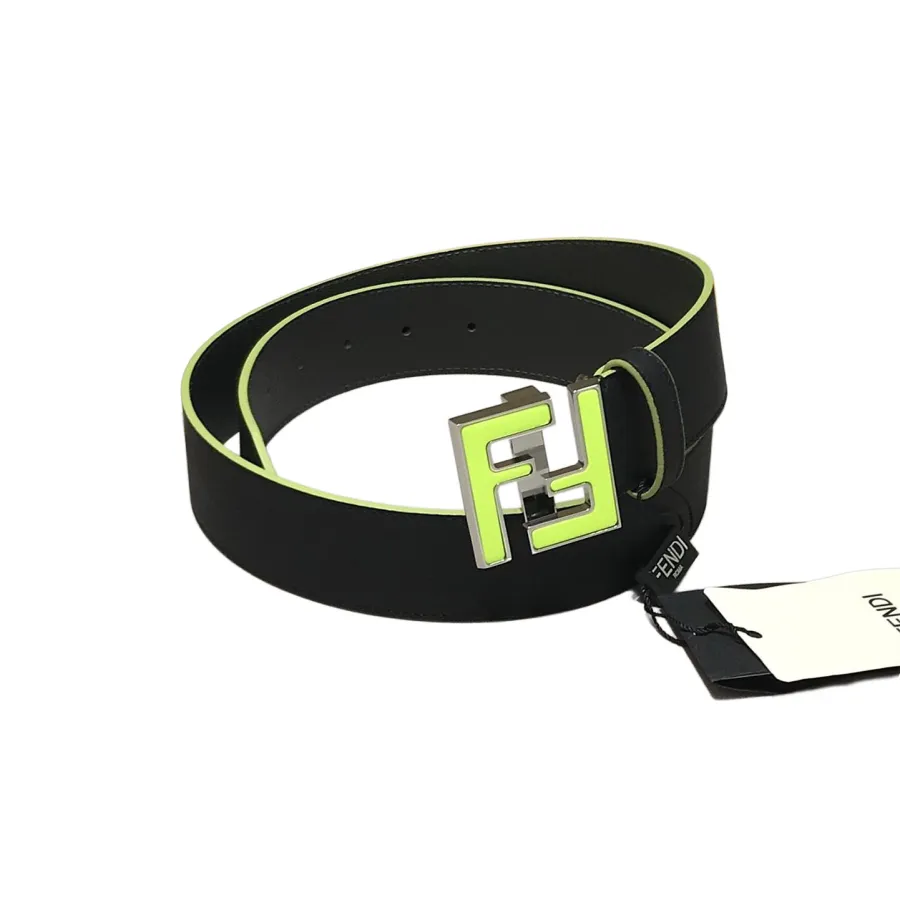 Fendi Men's Squared FF Buckle Belt In Black/Blue Smooth Calfskin With Silver Hardware 40mm