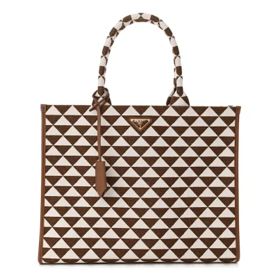Prada Large Triangolo Symbole Embroidered Tote Tobacco/Talco Jacquard Saffiano Leather