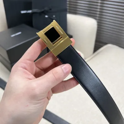 Saint Laurent Square Buckle Belt In Black/Burgundy Calfskin With Gold Hardware 30mm