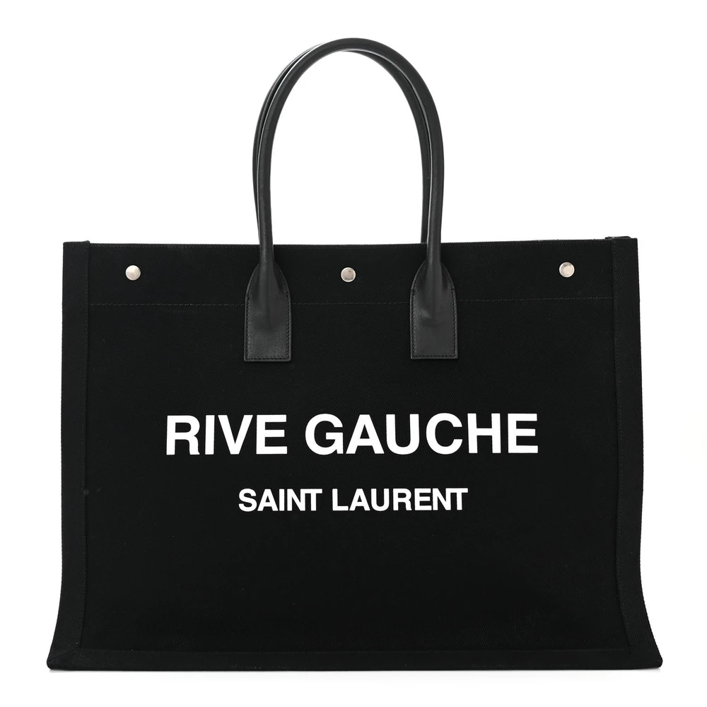 Saint Laurent Bolsa Grande Rive Gauche Tote Preto em Linho e Couro de Bezerro