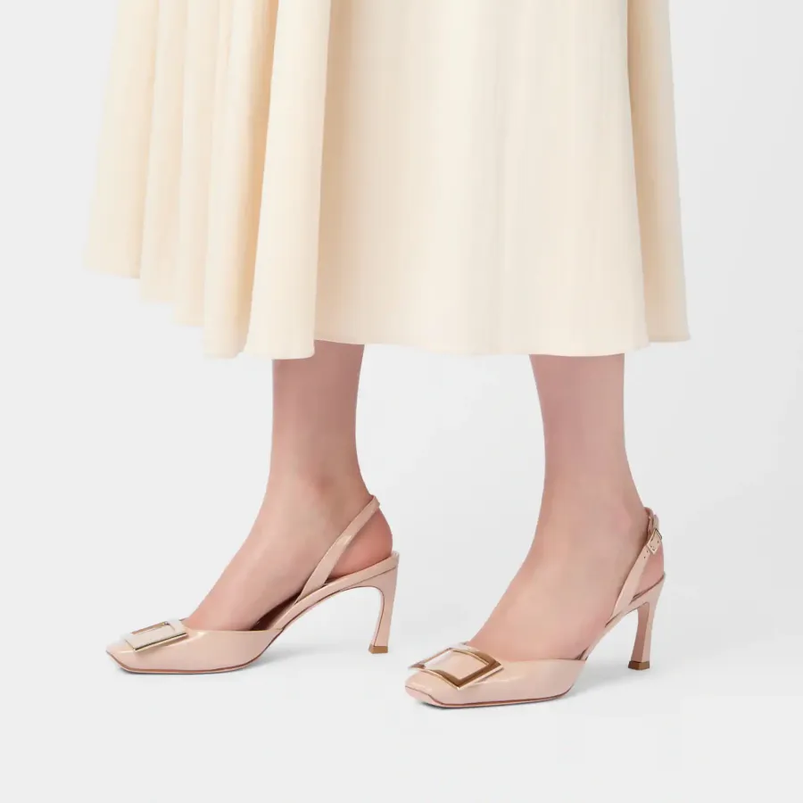 Roger Vivier Trompette Slingback Pumps High Heels In Pink Patent Leather With Metal Buckle (Heel Height 7cm)