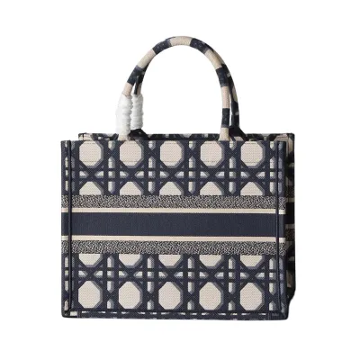 Dior Medium Dior Book Tote In Beige And Blue Macrocannage Embroidered Canvas