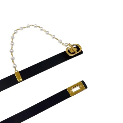 Dior Women' s Square Buckle With Pearls Caro Chain Belt In Black/Brown/White Calfskin With Gold Hardware 20mm