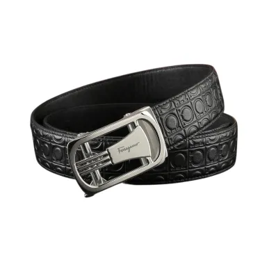 Ferragamo Men's Square Buckle Belt In Black Gancini Monogram Calfskin With Gold/Silver Hardware 35mm