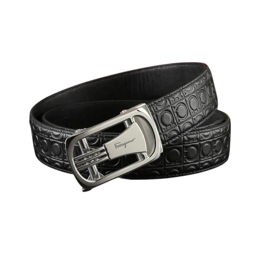 Ferragamo Men's Square Buckle Belt In Black Gancini Monogram Calfskin With Gold/Silver Hardware 35mm