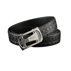 Ferragamo Men's Square Buckle Belt In Black Gancini Monogram Calfskin With Gold/Silver Hardware 35mm