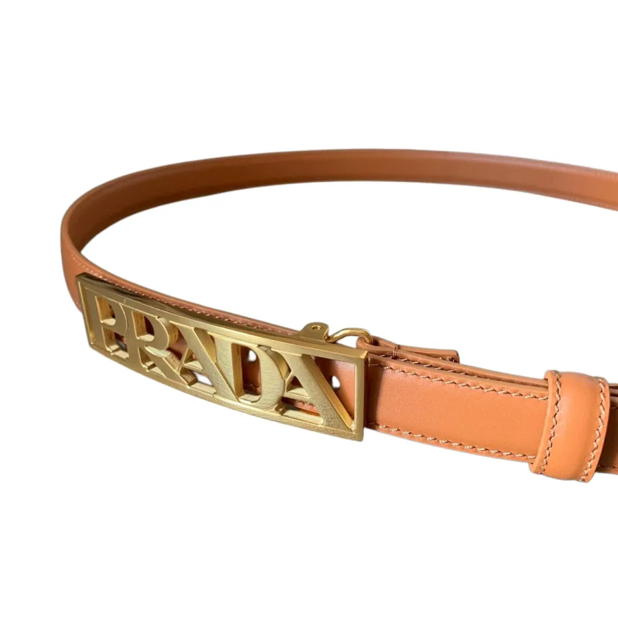 Prada Women' s Rectangled Buckle Belt In Brown/Red Calfskin With Gold Hardware 20mm