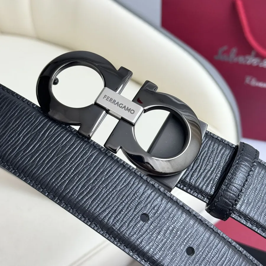 Ferragamo Men's Double Gancini Buckle Reversible Belt In Black Calfskin With Gold/Silver/Black Hardware 35mm