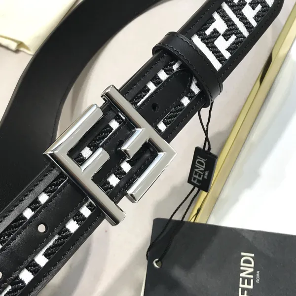 Fendi Men's FF Buckle Belt In Black/White FF Canvas With Gold/Silver Hardware 35mm - Image 4