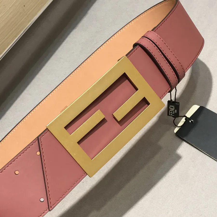 Fendi Women's FF Buckle Belt In Pink/Black Calfskin With Gold Hardware 60mm