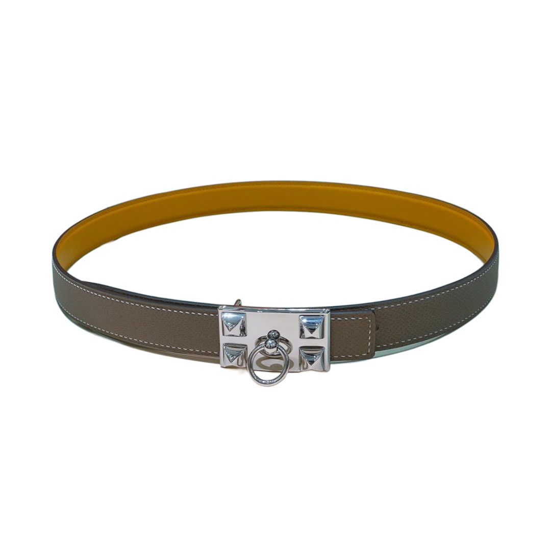 Cinto Reversível de Fivela Quadrada Hermès para Mulheres em Couro Bezerro Cinza/Amarelo com Ferragens Prateadas 24mm