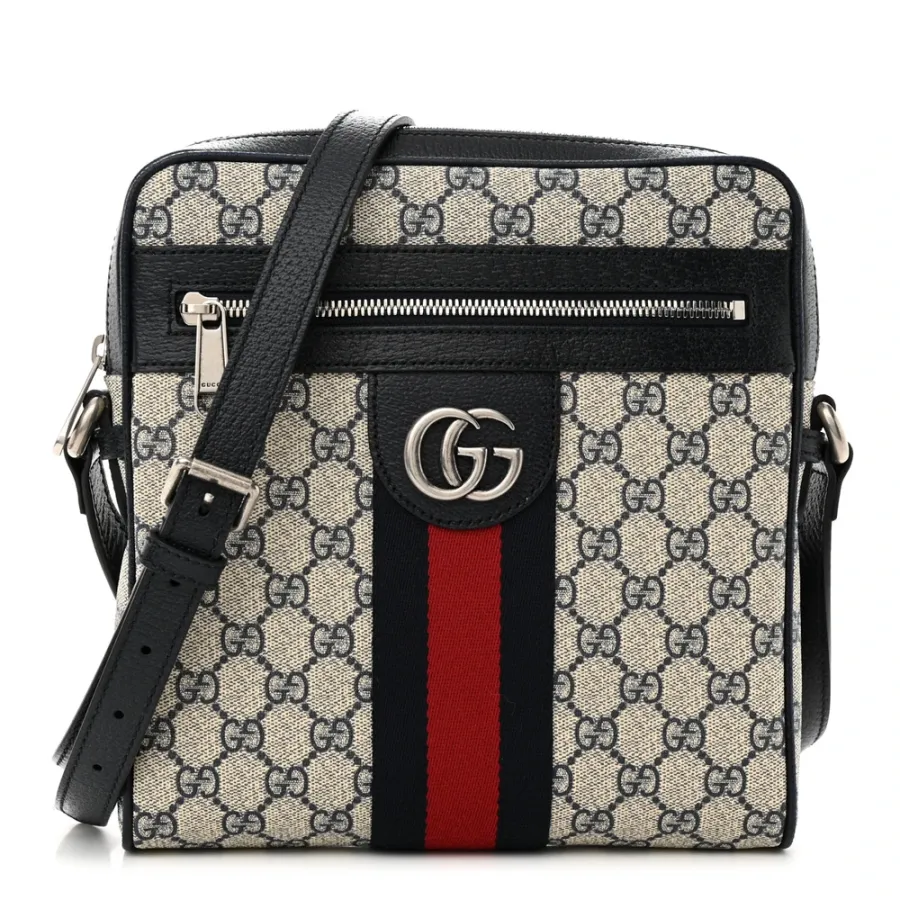 Gucci Small Web Ophidia Messenger Bag Beige/Blue GG Supreme Monogram Canvas & Textured Dollar Calfskin Leather Silver Hardware