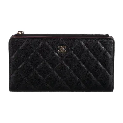 Chanel Large Interlocking CC Logo Wallet Black Caviar Leather Gold Hardware