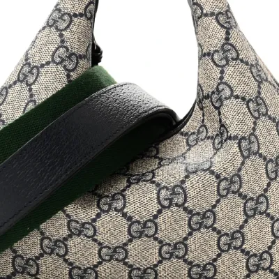 Gucci Small Web Attache Shoulder Bag Beige/Blue GG Supreme Monogram Canvas & Textured Calfskin Leather Silver Hardware