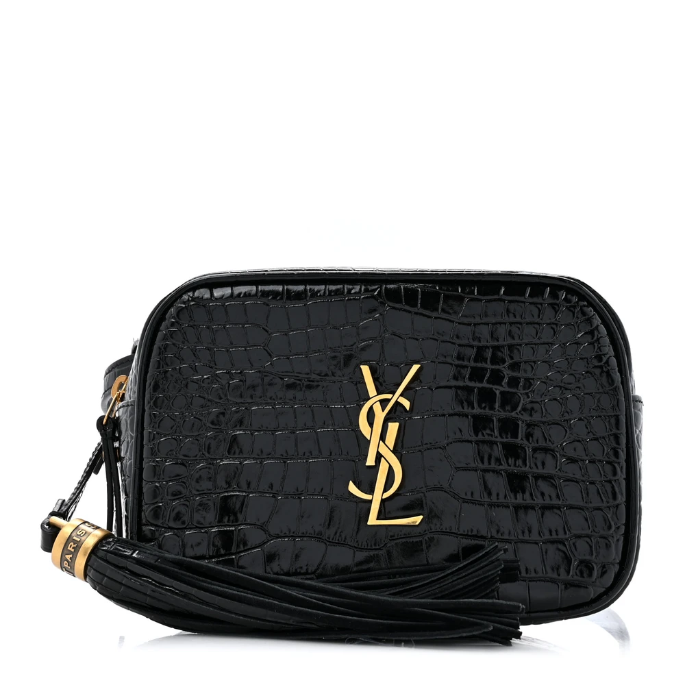 Saint Laurent Bolsa Cinto Lou Pequena Preto Monograma Relevo em Couro Bezerro Verniz e Couro Crocodilo Hardware Envelhecido Ouro