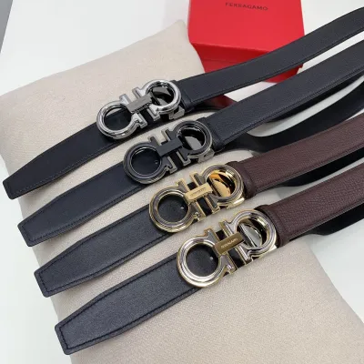 Ferragamo Men's Double Gancini Buckle Reversible Belt In Black/Coffee Saffiano Calfskin With Gold/Silver/Gun Black Hardware 35mm